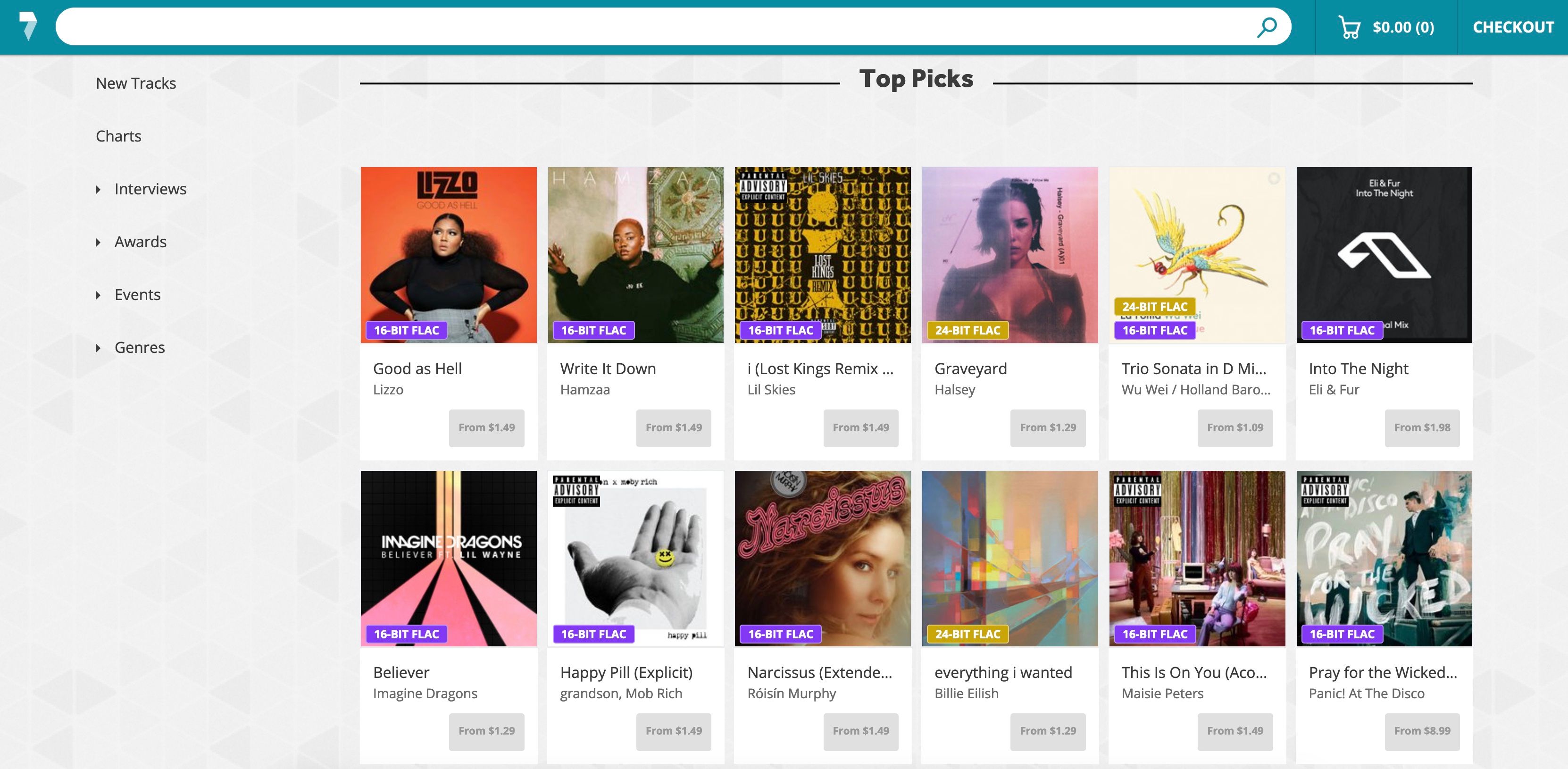 Screenshot of 7Digital top picks music page