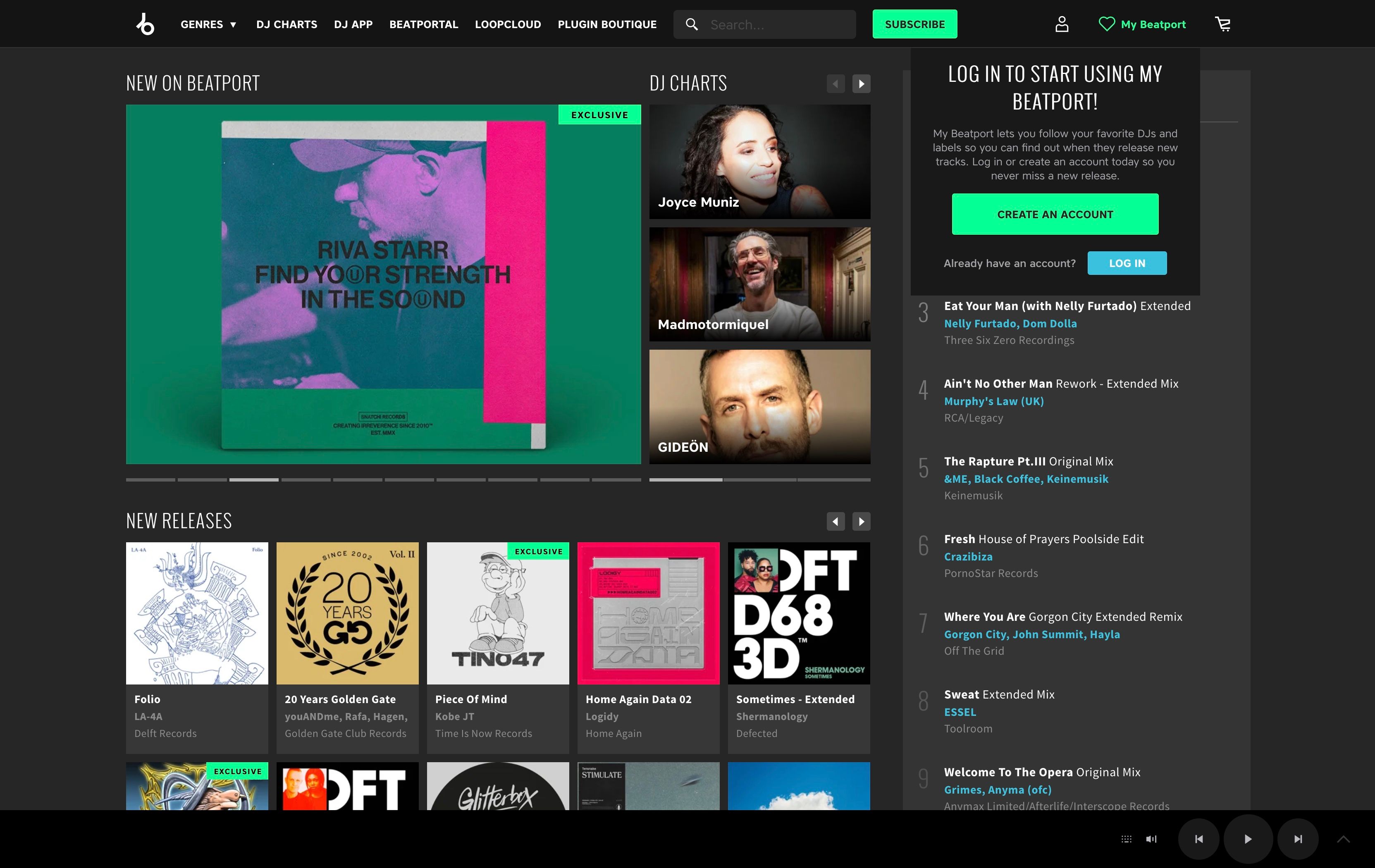 Screenshot of Beatport website homepage displaying various music artists