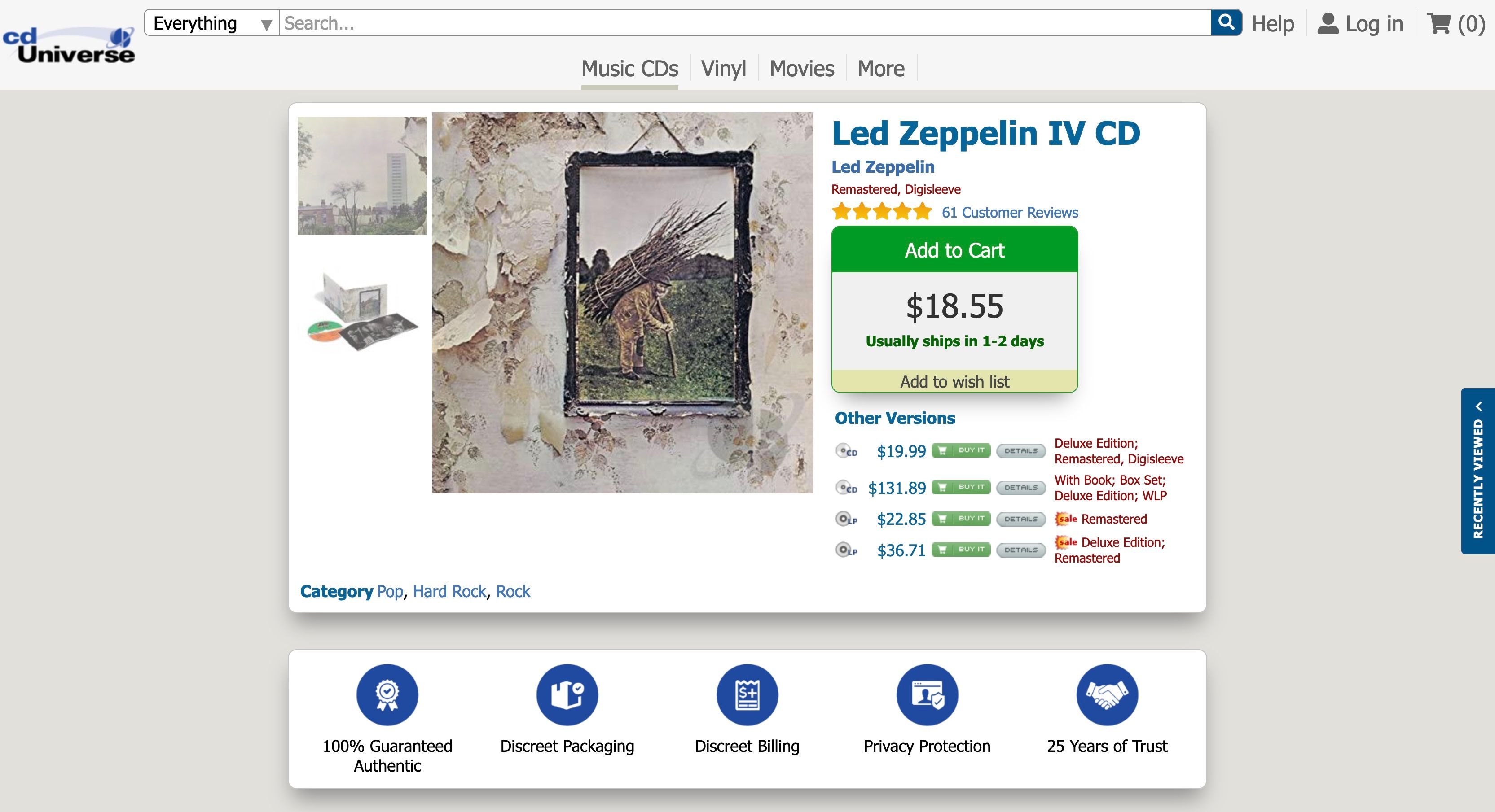 Screenshot of Led Zeppelin IV album available to buy on cd universe