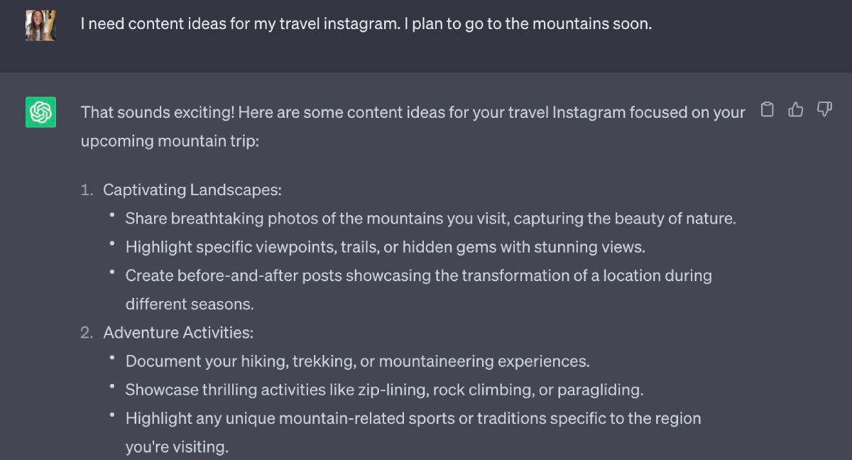 Ideias de conteúdo ChatGPT para férias nas montanhas