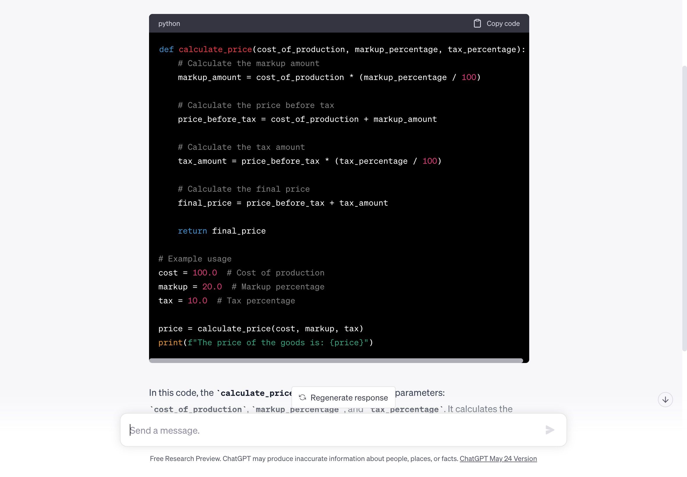 ChatGPT نمایش کد پایتون برای محاسبه قیمت کالا