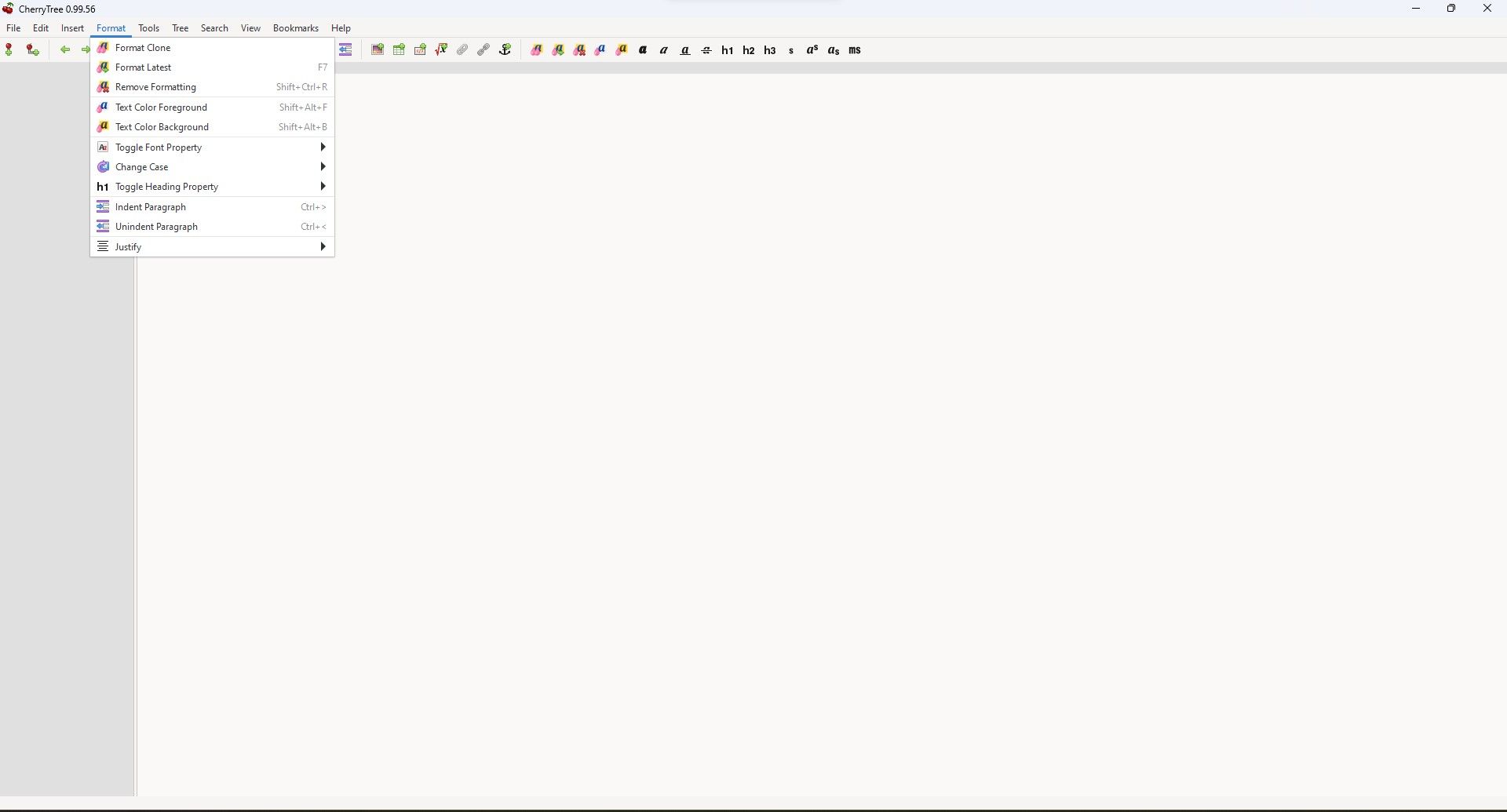 CherryTree text editor interface with a blank white screen and an open menu