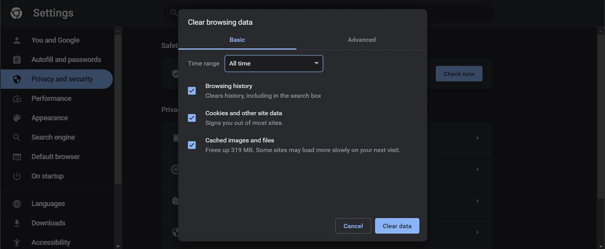 Clear Chrome's browsing data