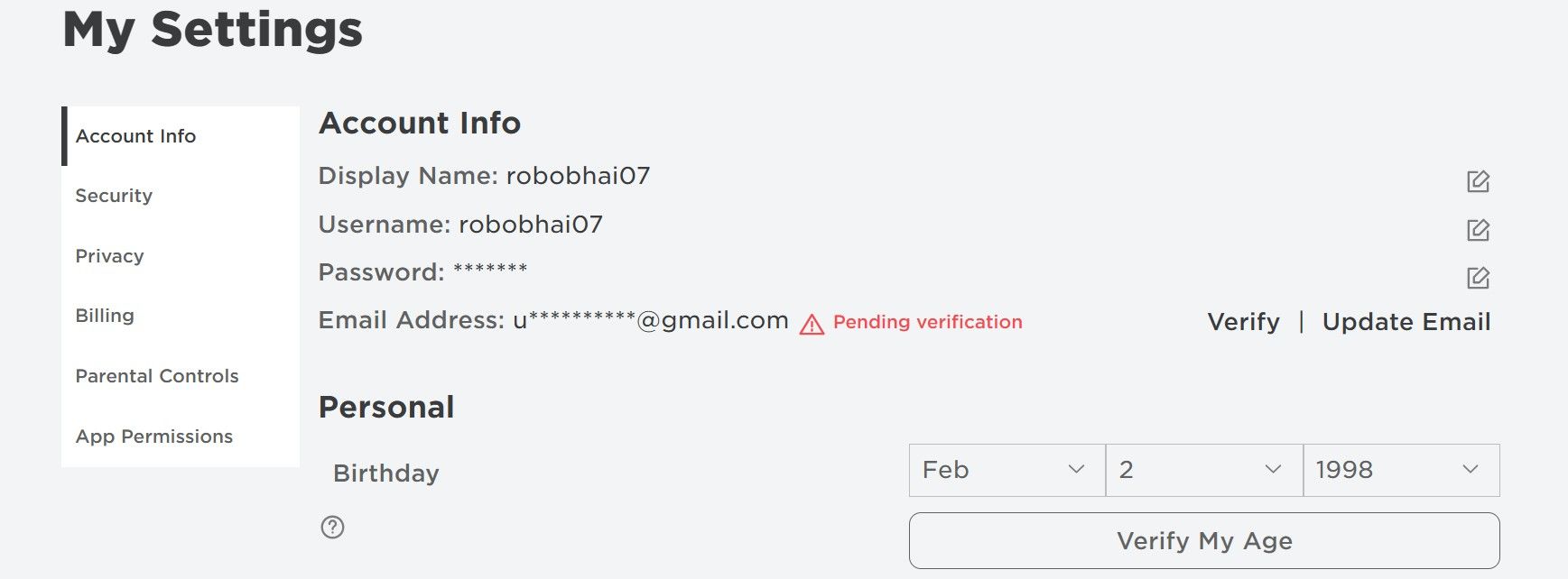 روی Verify My Age Option در تنظیمات Roblox کلیک کنید