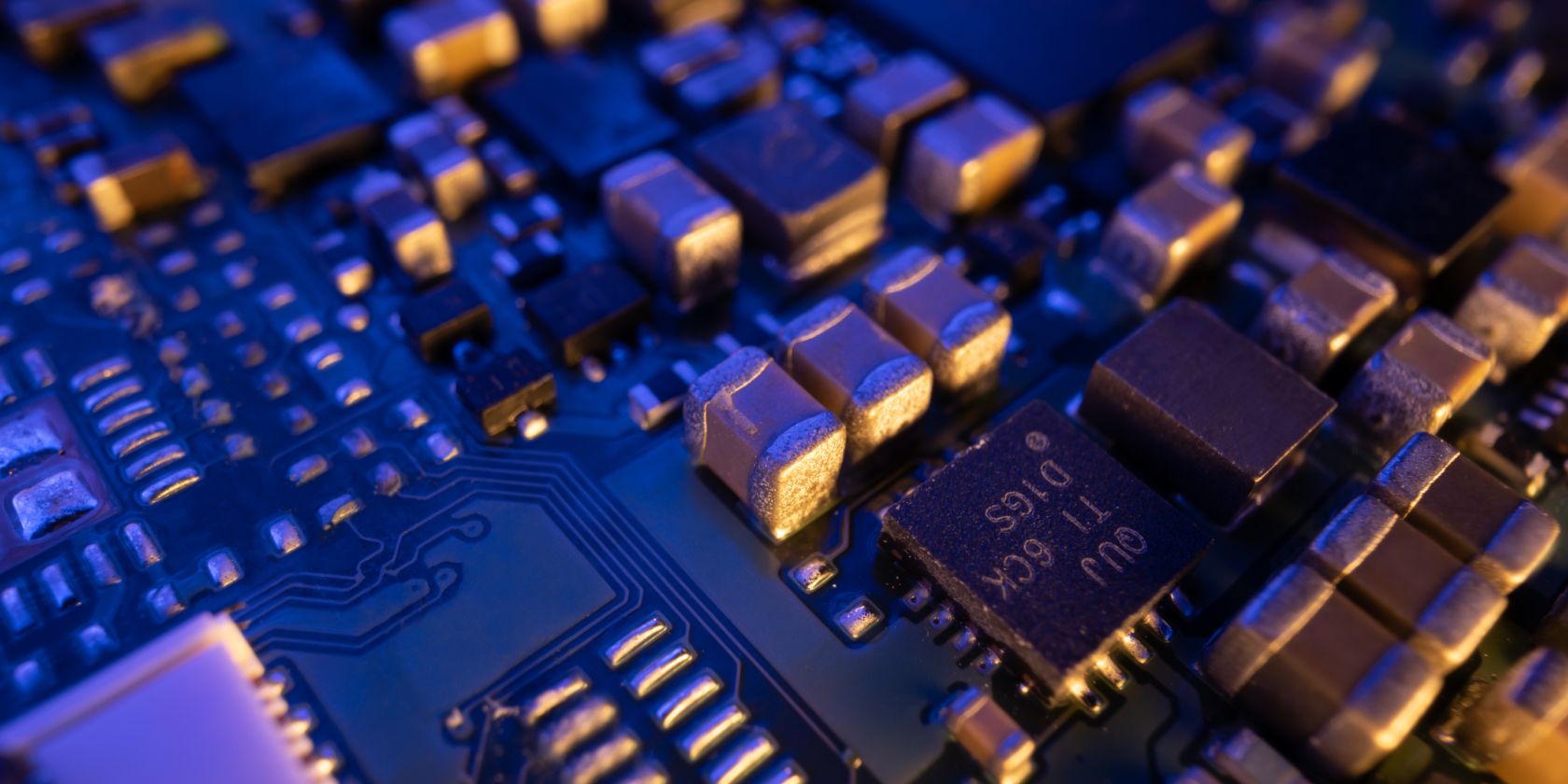Closeup of a gaming motherboard's PCB