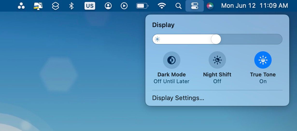 Control Centre's Display menu showing the Night Shift button