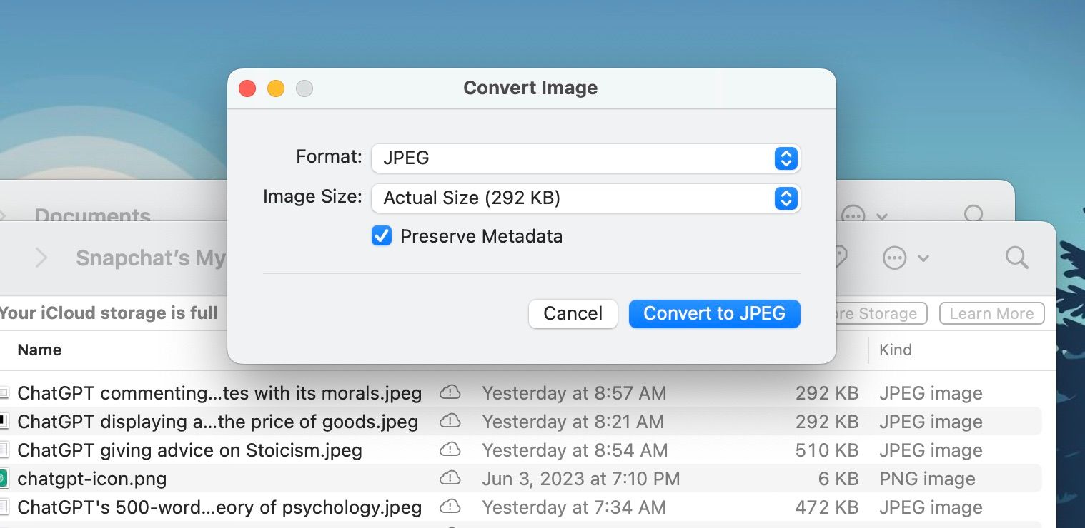 Convert Image dialogue box on macOS