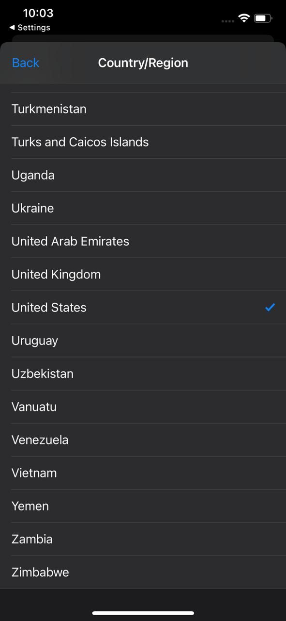 لیست کشورها در تغییر کشور در آیفون