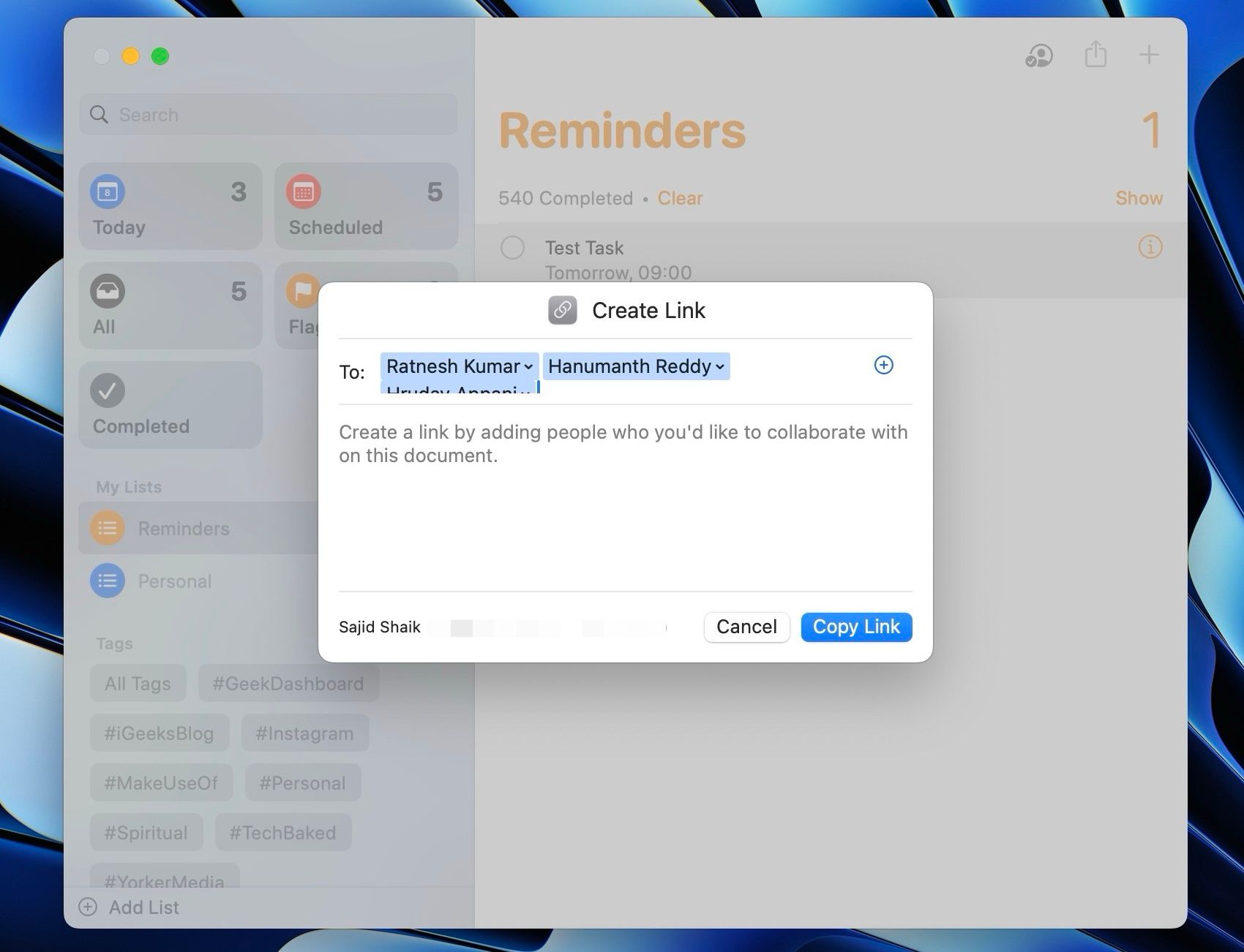ایجاد پیوند همکاری در Apple Reminders در مک