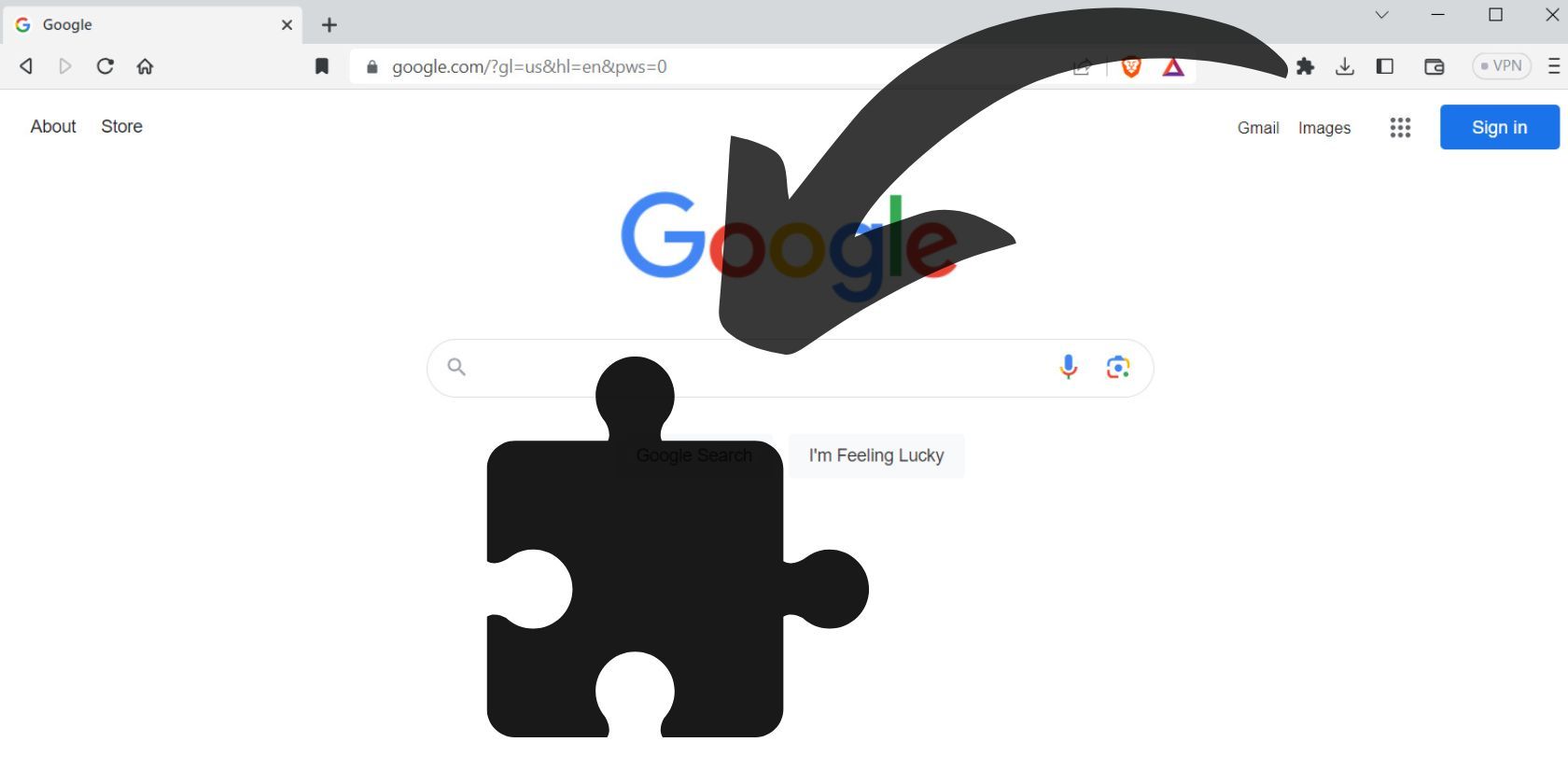 Screenshot of the Google homepage, with arrow and extension symbol 