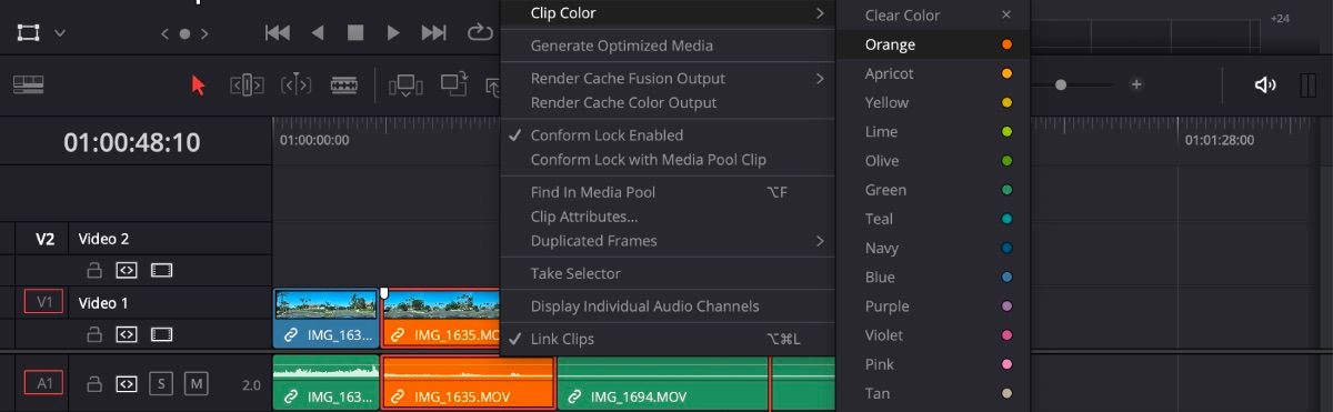 گزینه های DaVinci Resolve Color Clip باز می شوند و رنگ کلیپ نارنجی است