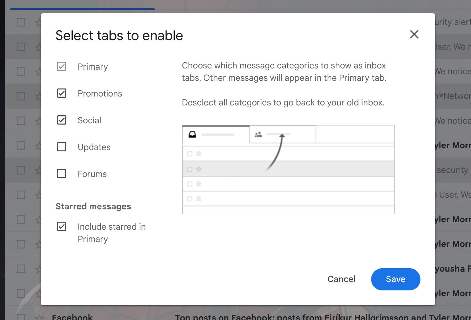 Default tabs customization panel in Gmail web