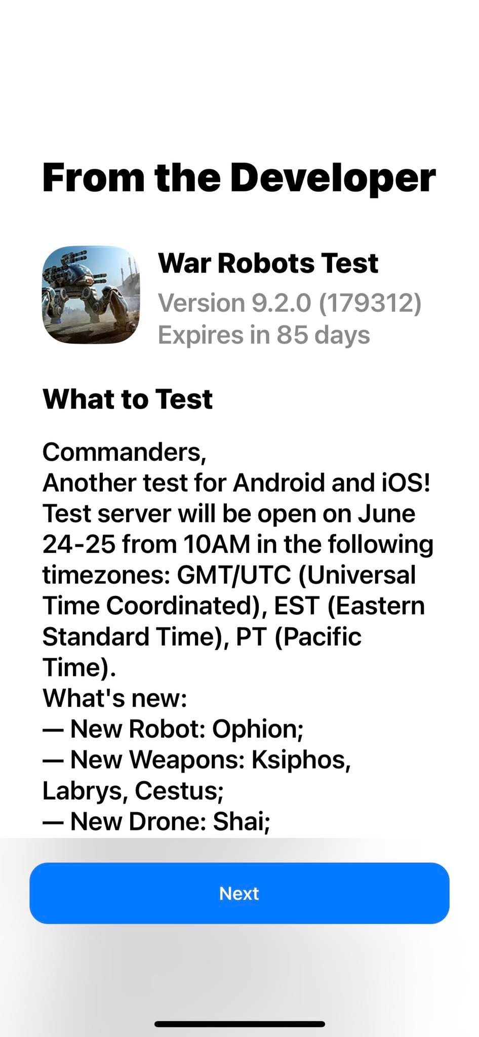 برنامه یادداشت های توسعه دهنده War Robots Beta iOS