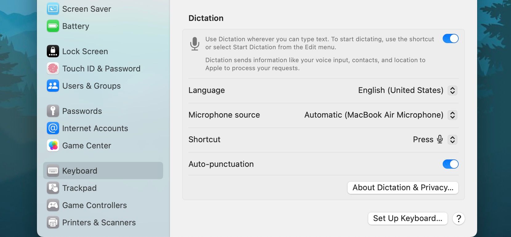 Dictation options in System Settings on macOS Ventura