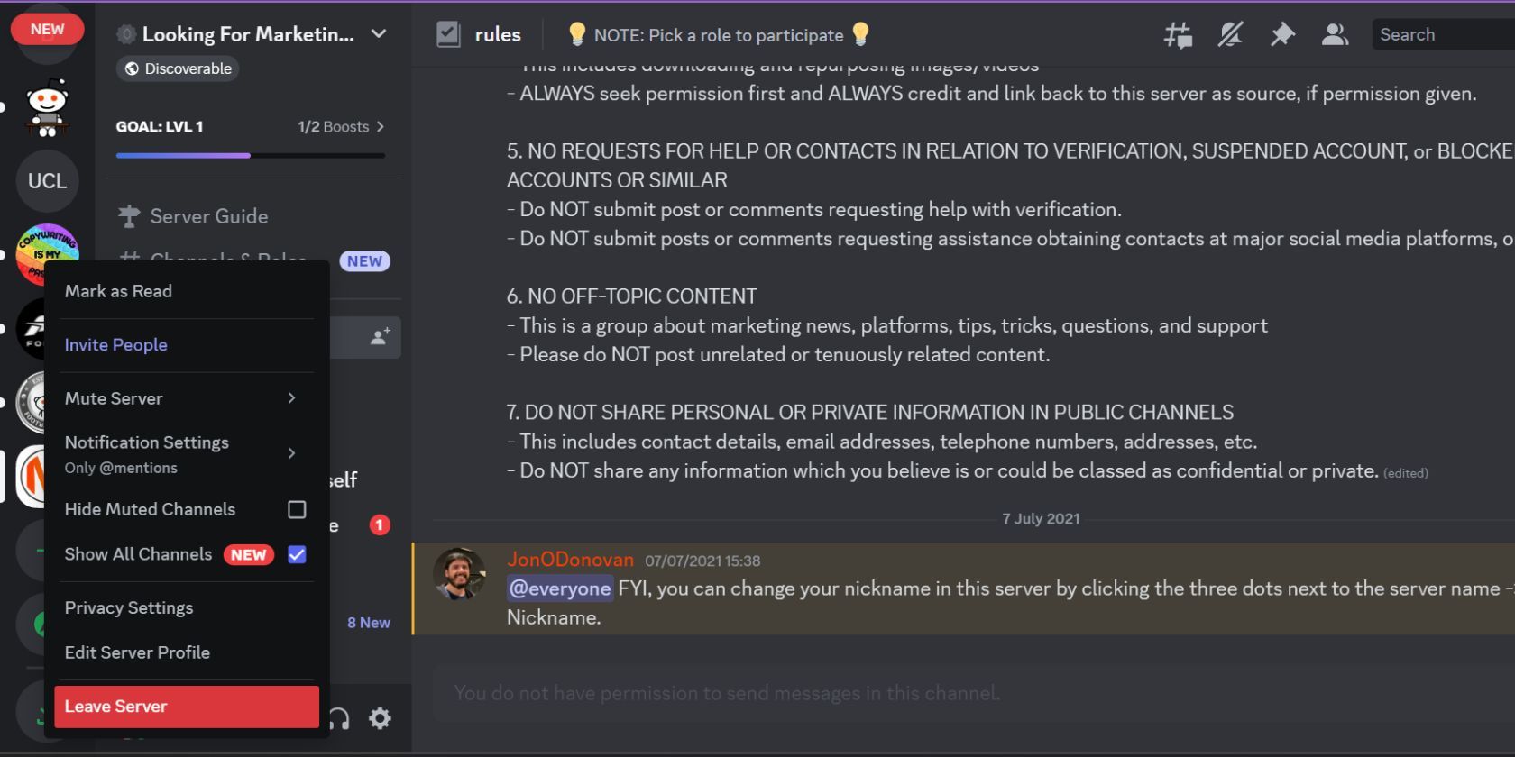 A menu of a Discord server with the user hovering over Leave Server