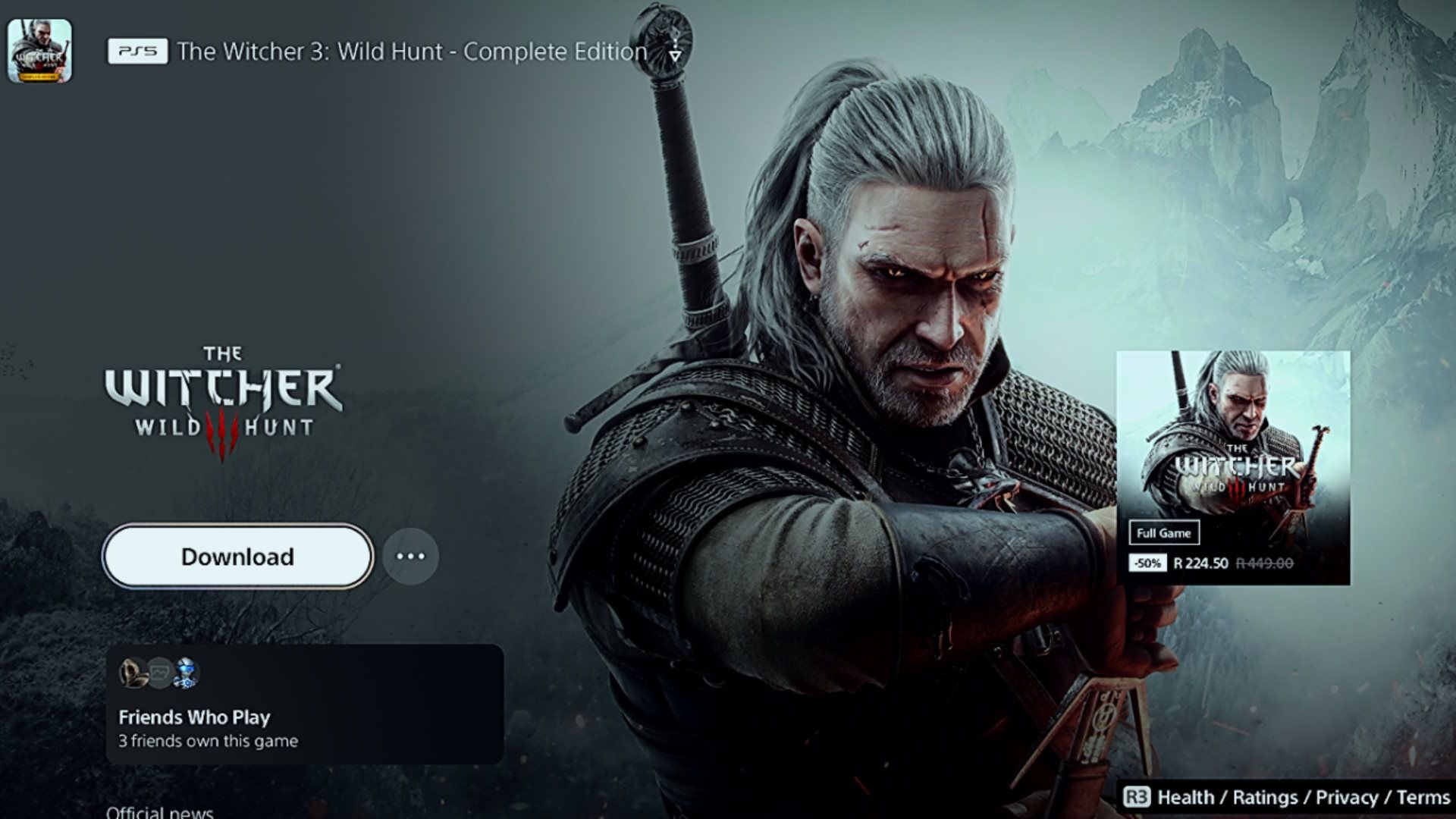 the download page of the Witcher 3 on PS5
