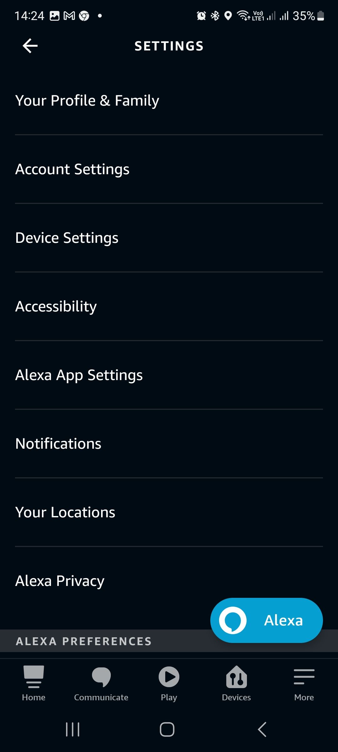 Settings in the Amazon Alexa app