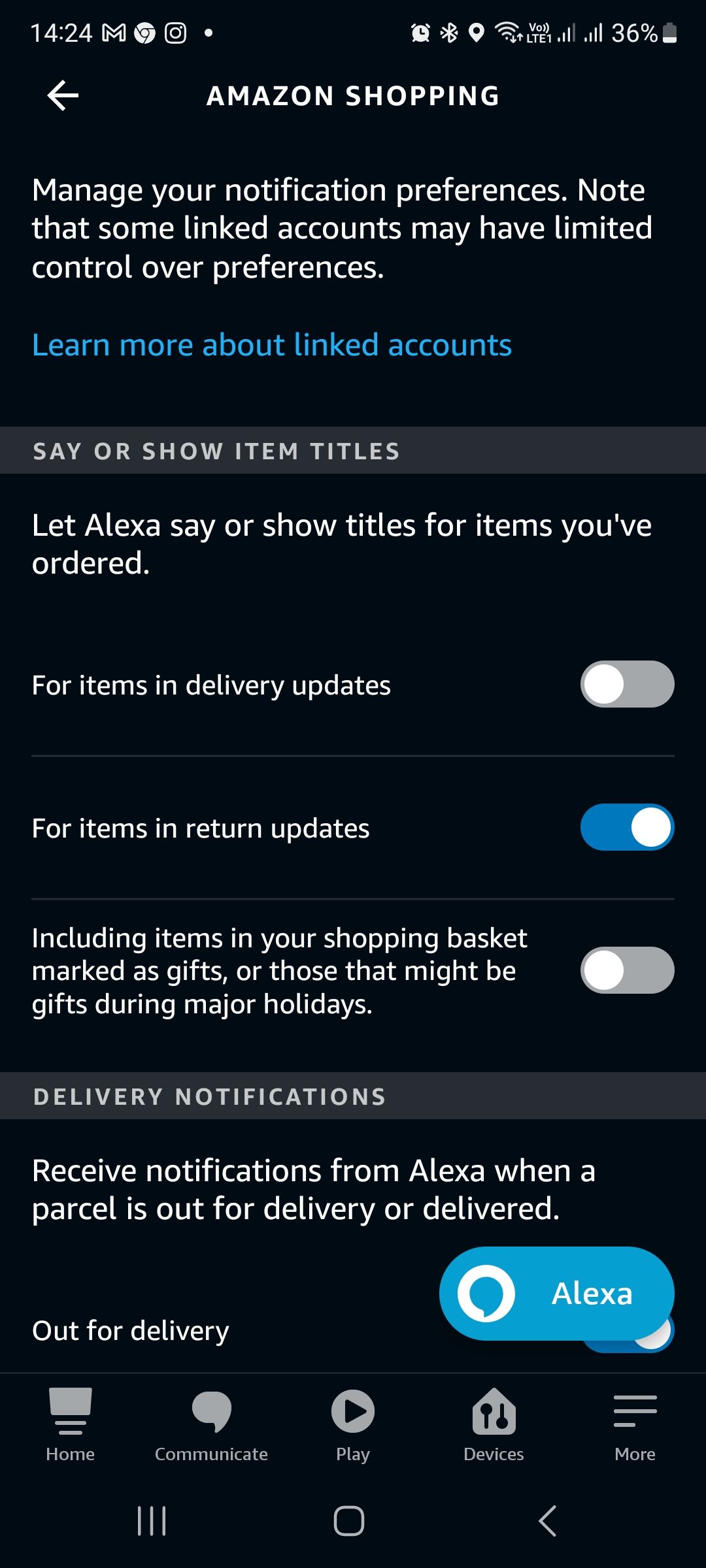 Alexa shopping notification settings