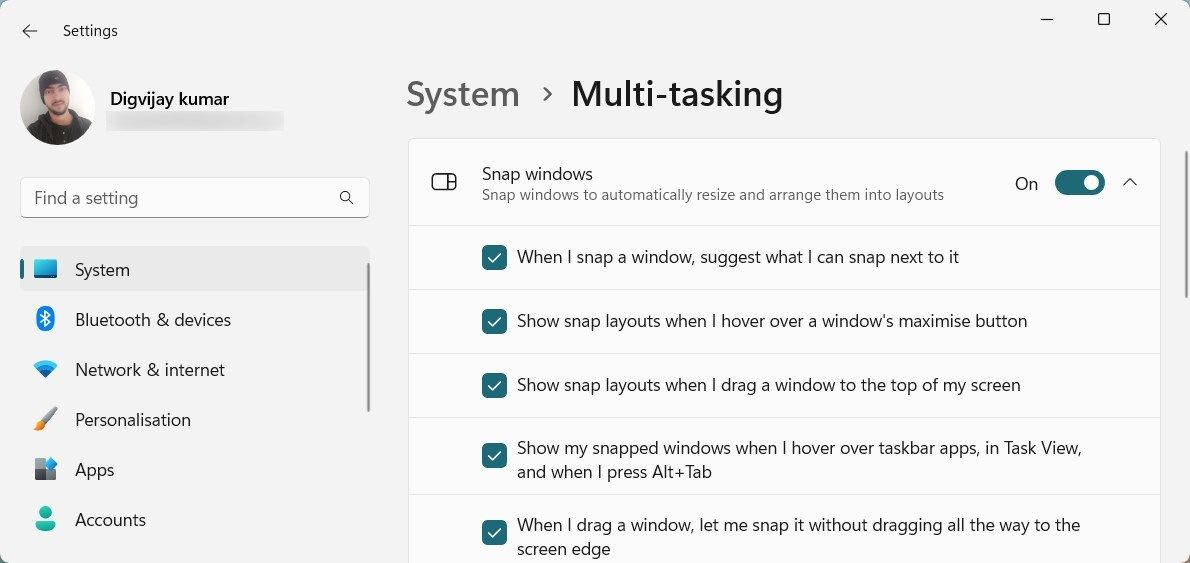 Snap windows را در Multitasking فعال کنید