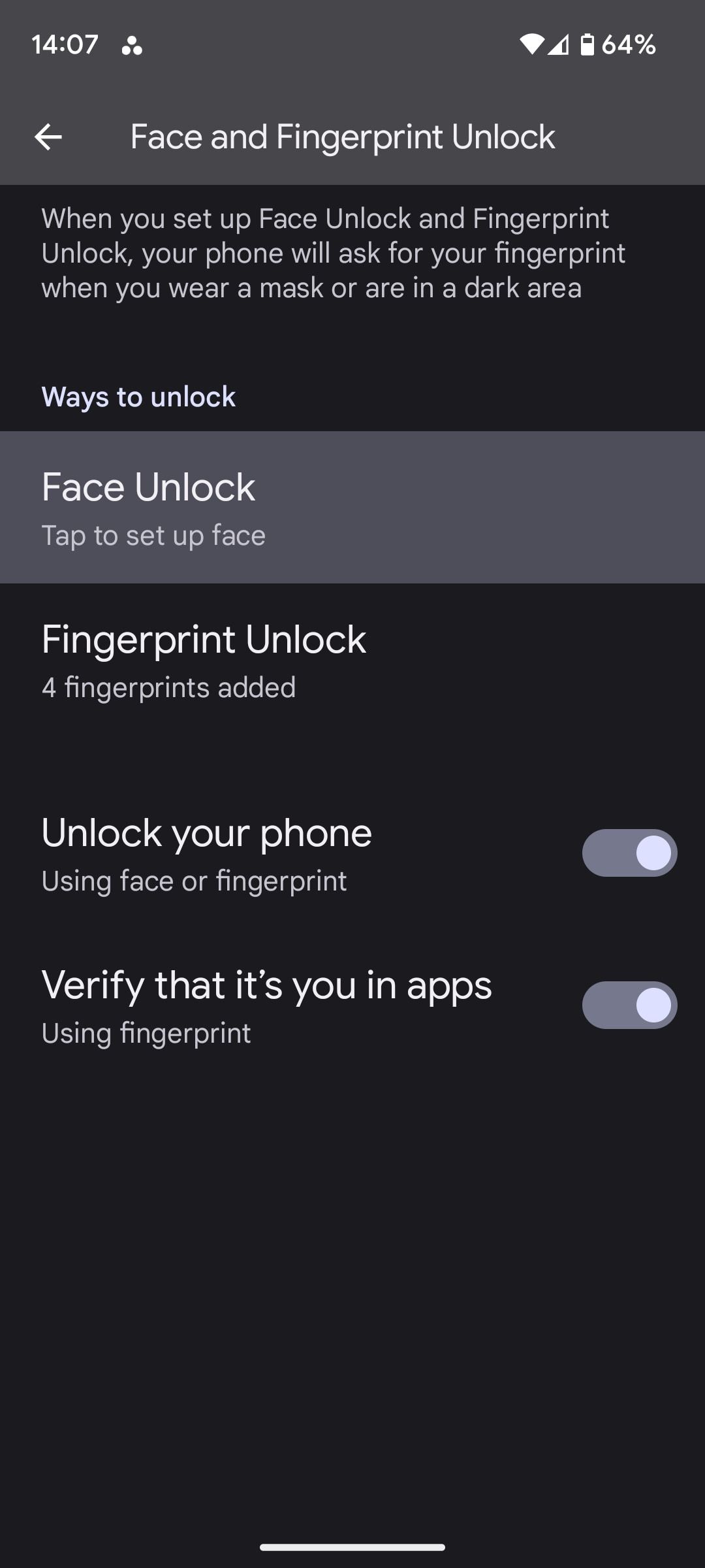 face unlock settings android