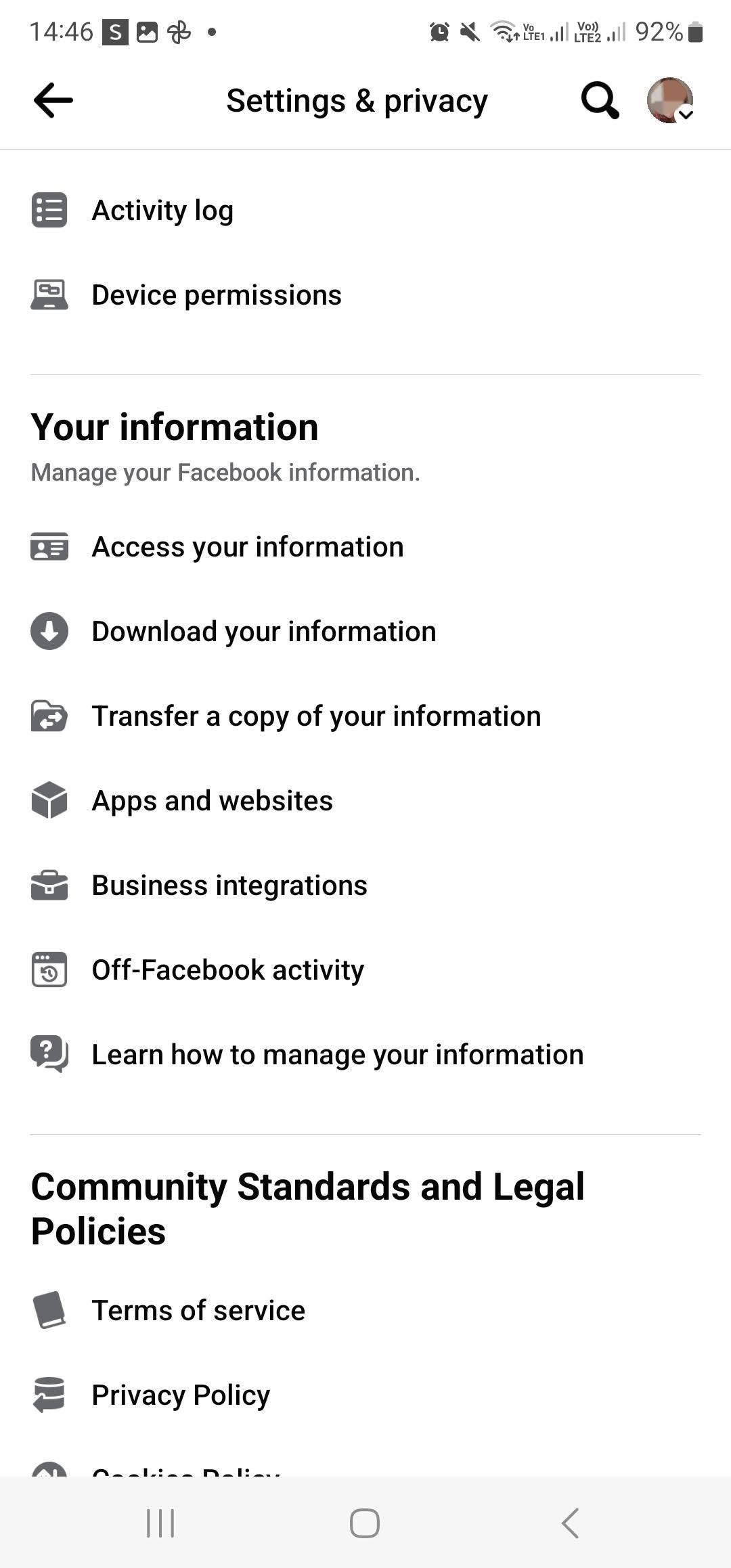 facebook app access your information option