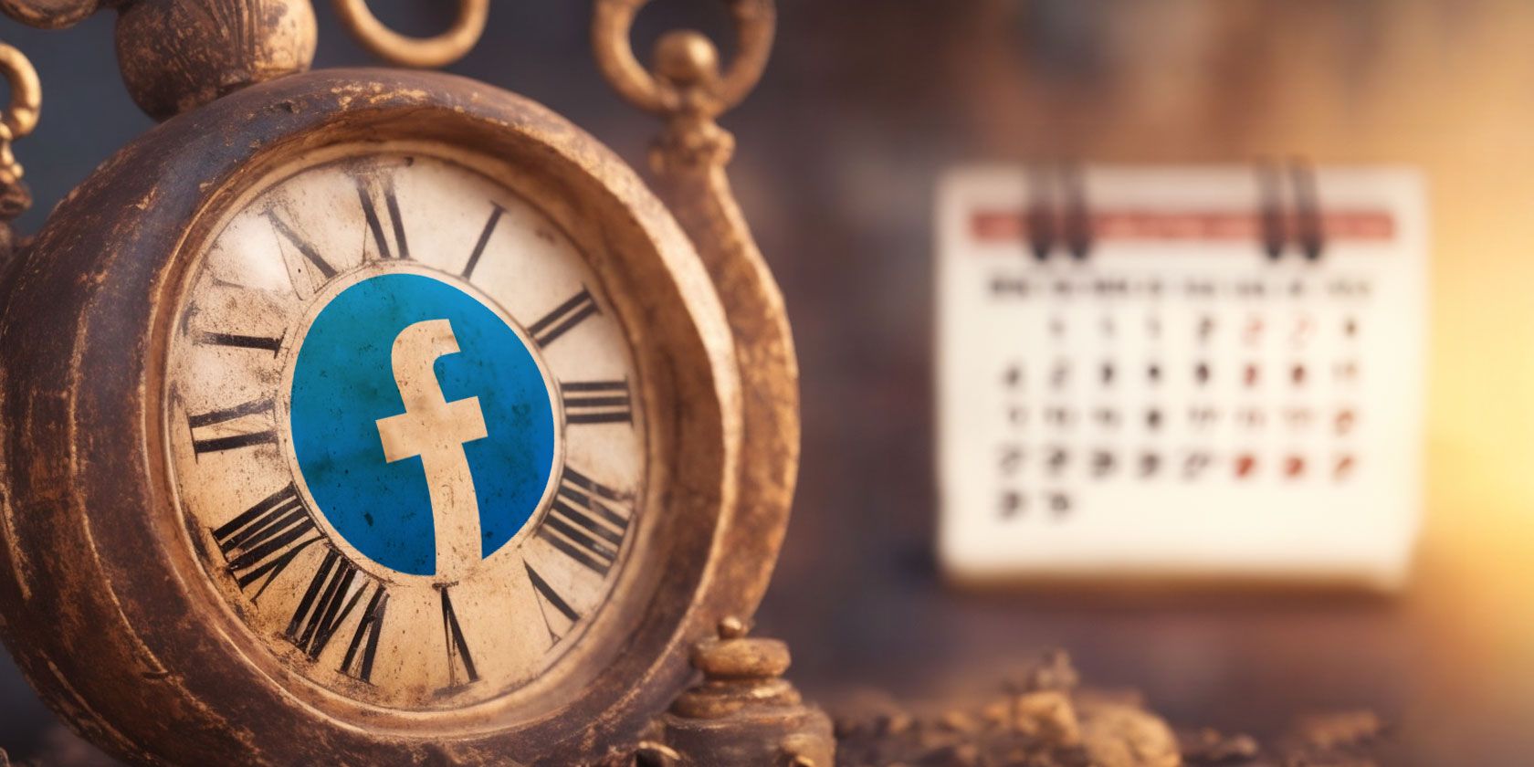 Facebook logo on an old clock with calendar on the background