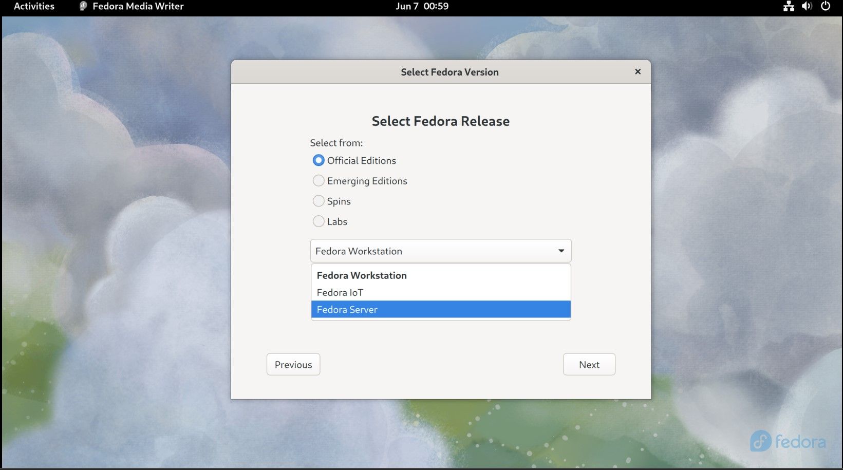 Fedora Media Writer dialog box on a Fedora desktop