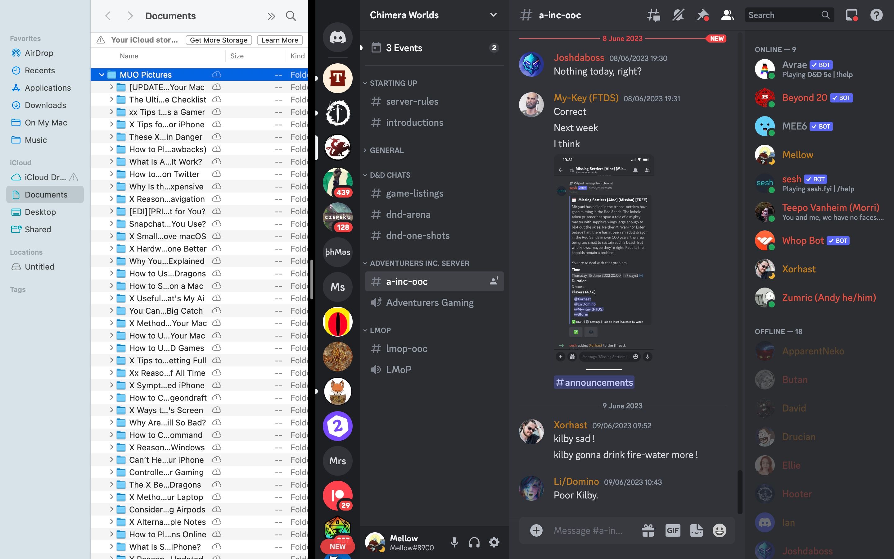 Finder and Discord windows in Split View