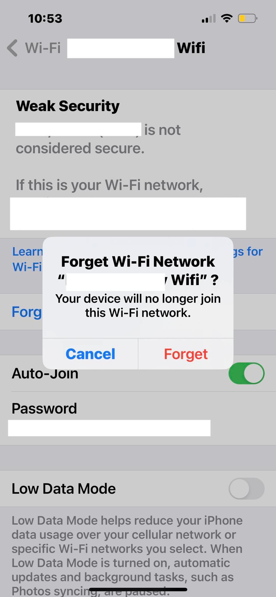 Option to Forget Wi-Fi Networks on an iPhone