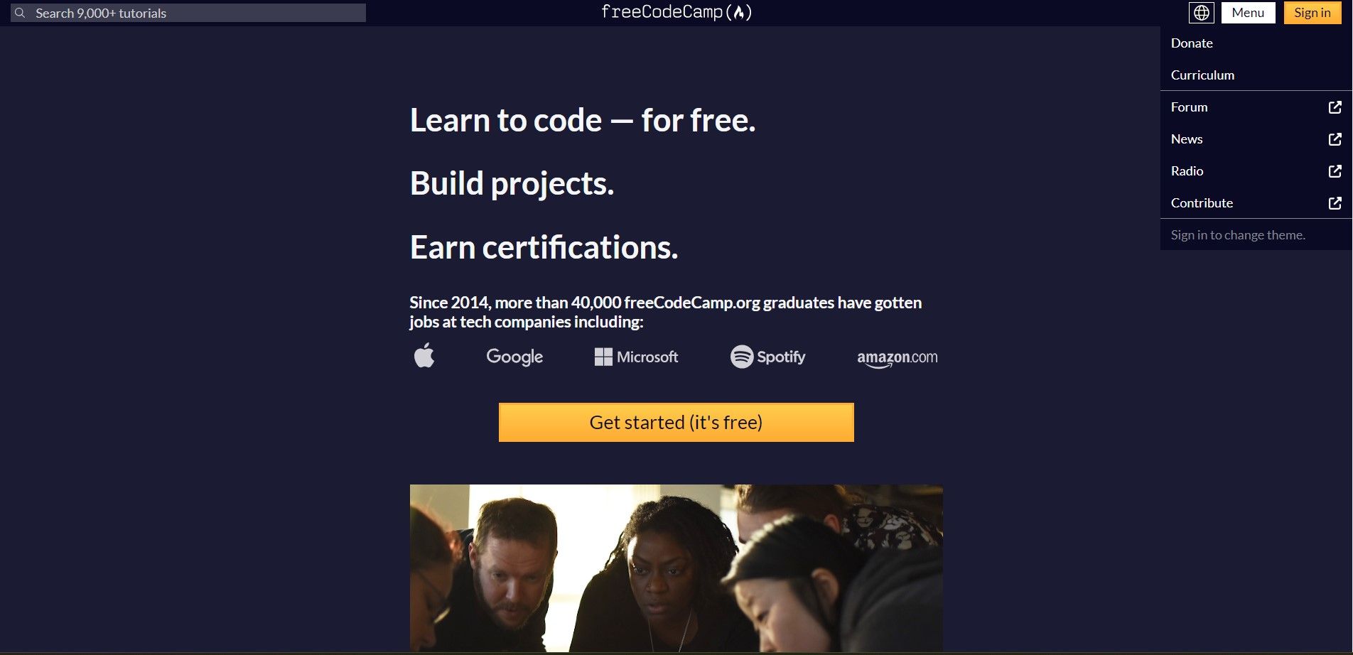 freeCodeCamp main page showing the menu icon