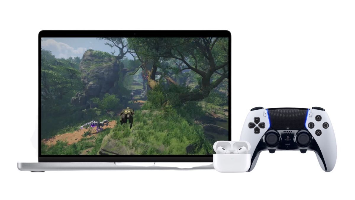 MacBook with Airpods and PlayStation 5 game controller