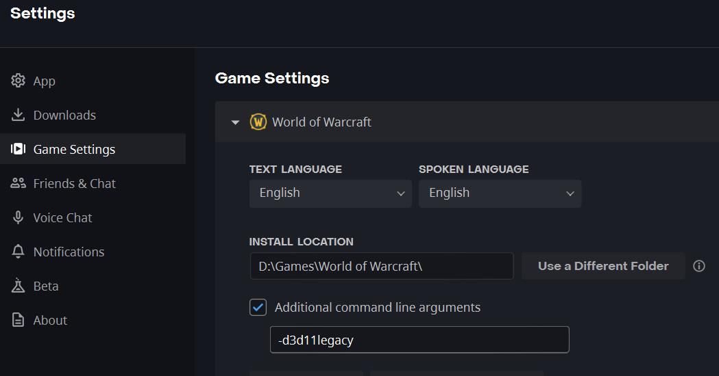 تصویری از گزینه Additional Command Line Arguments برای Battle Net