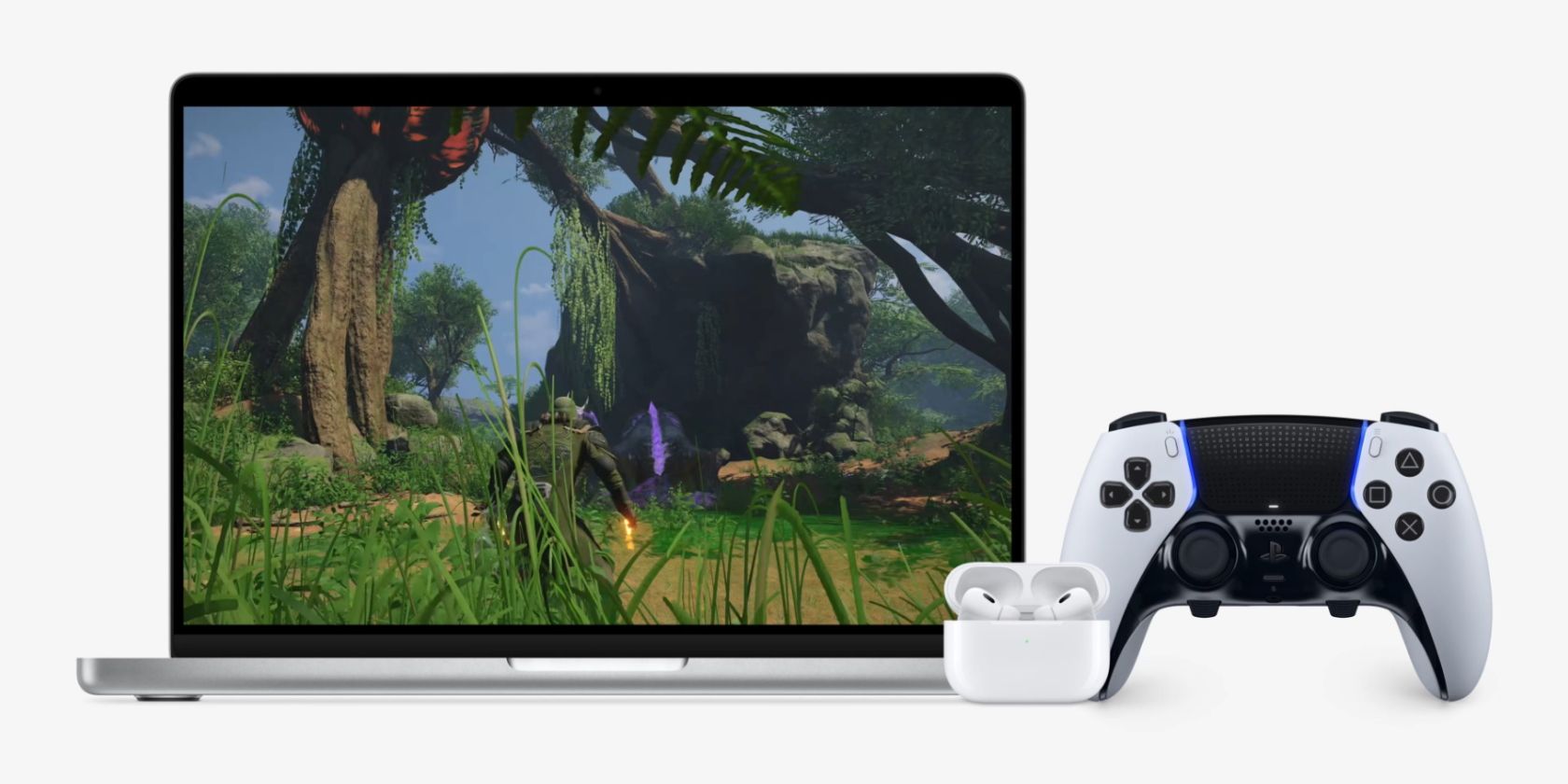Gaming on a MacBook with AirPods and DualSense controller