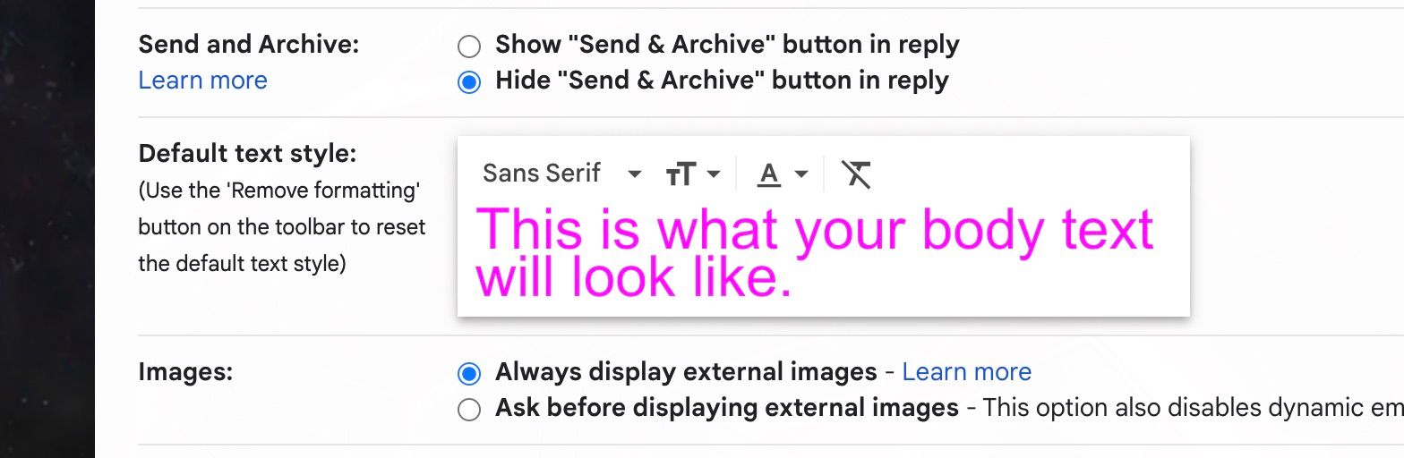 Gmail default text style section in Settings