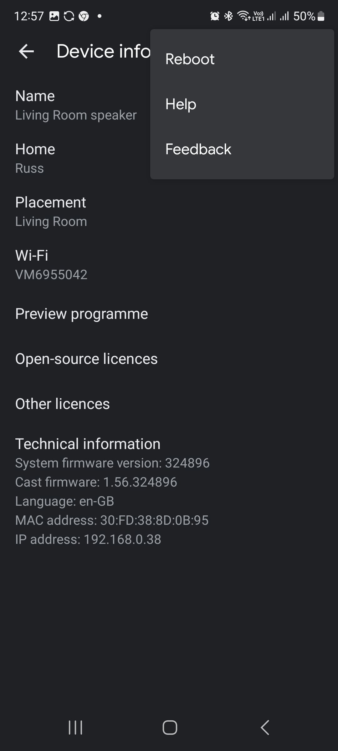google home device information in the Home app