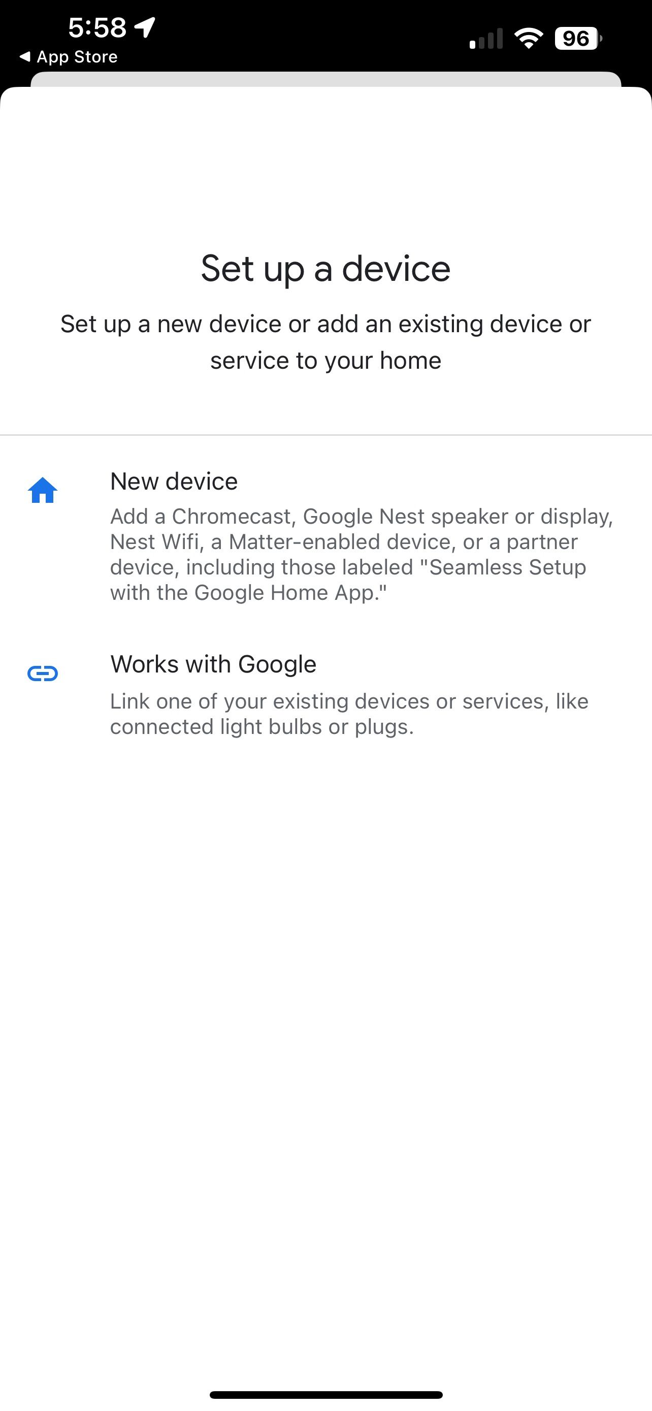 برنامه Google Home iOS منوی افزودن دستگاه ها