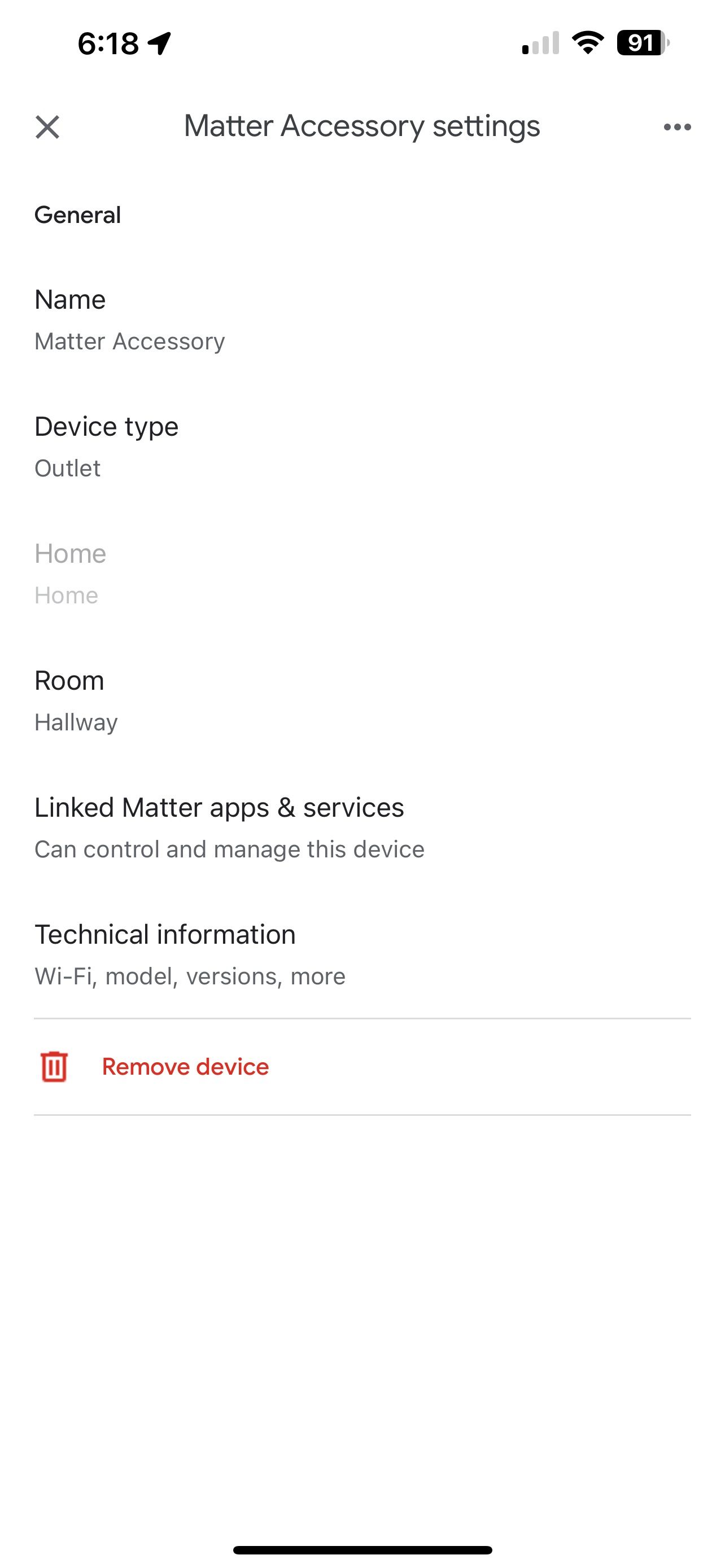 iOS Google Home App Matter Device Settings