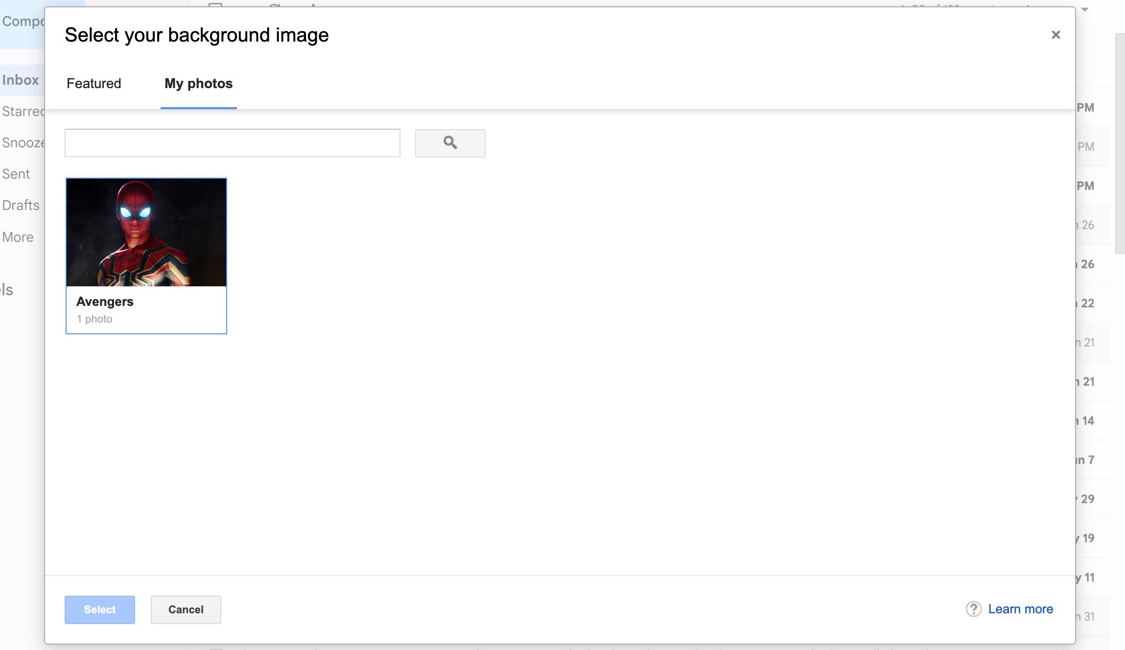 Google Photos image on Gmail themes menu