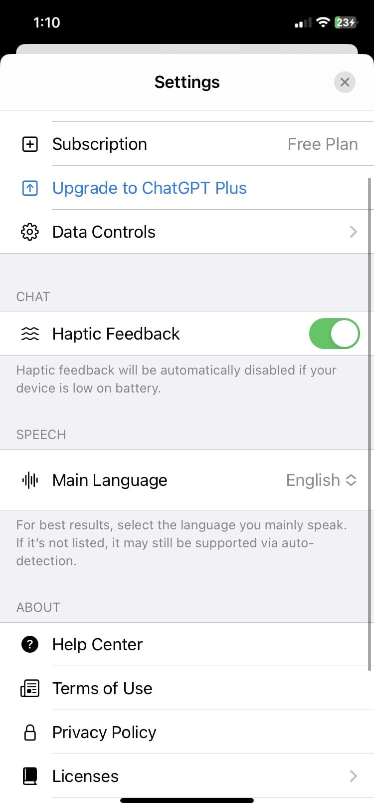 haptic feedback toggle on and main language option
