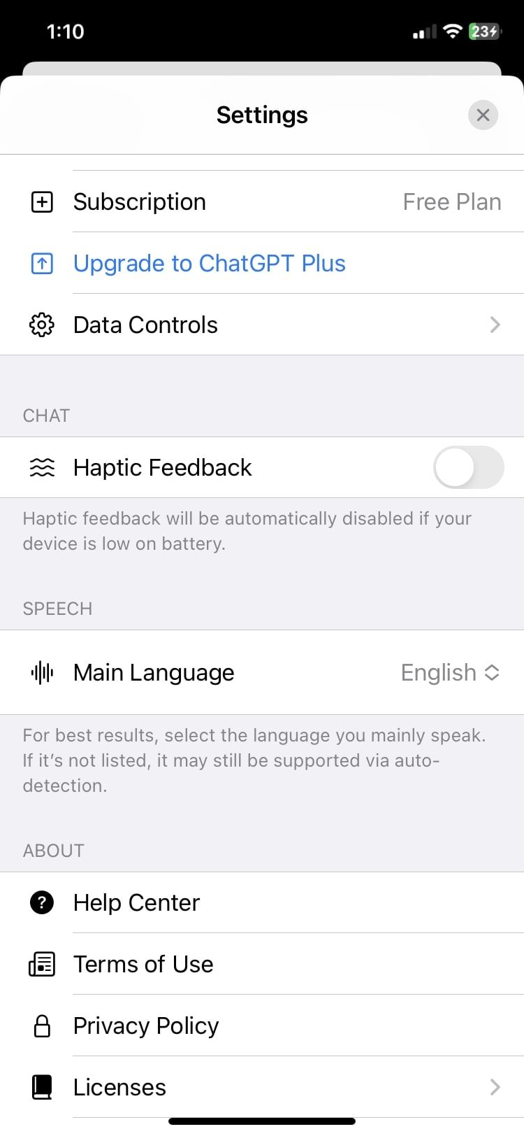 haptic feedback toggled off and ChatGPT plus option in iOS app