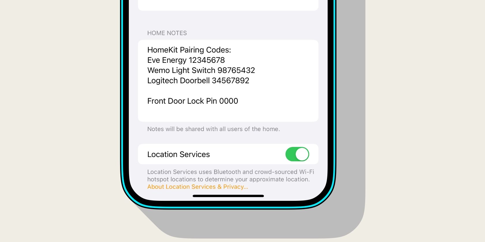 Área de notas iniciais do aplicativo Home do iOS exibida em um iPhone
