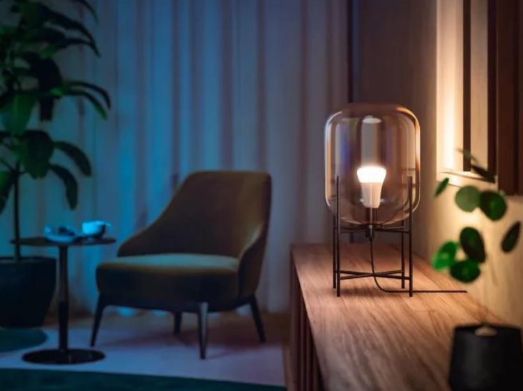 Hue smart lamp with E27 lightbulb placed on wooden living room fixture