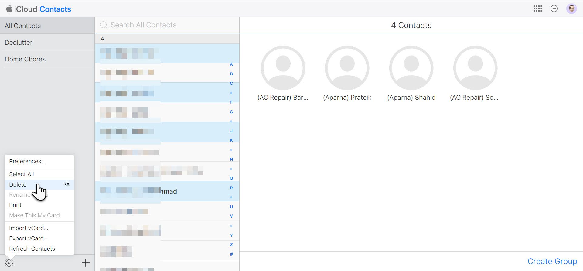 Selecting iCloud Contacts for deletion