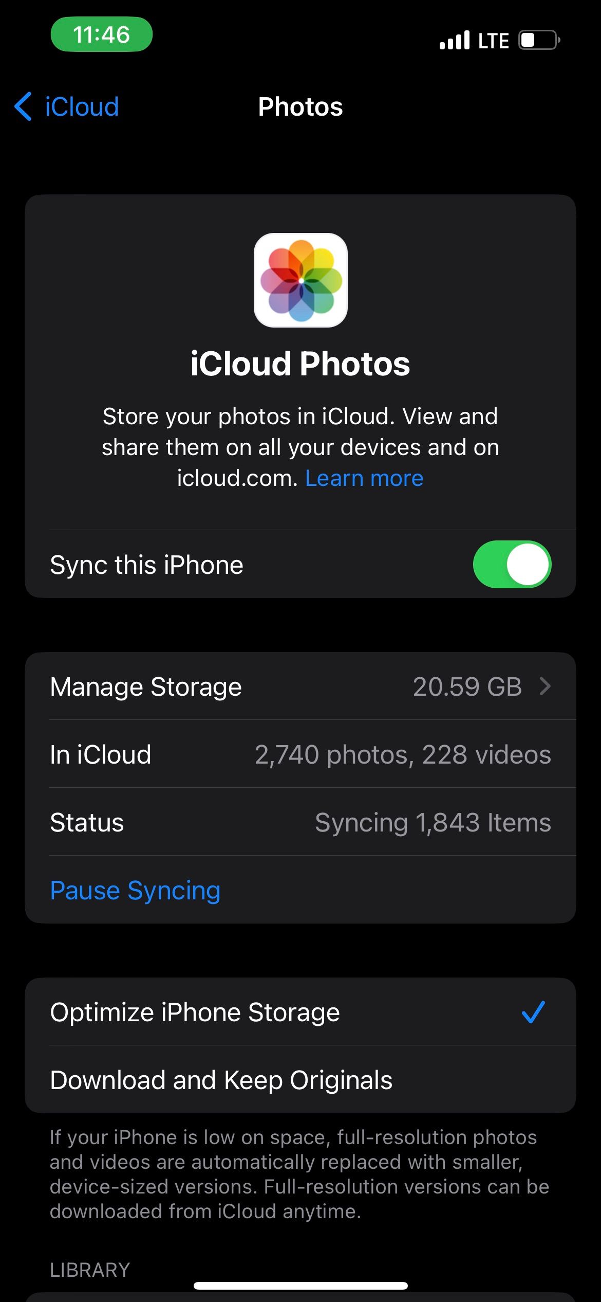 iCloud Photos menu on iOS