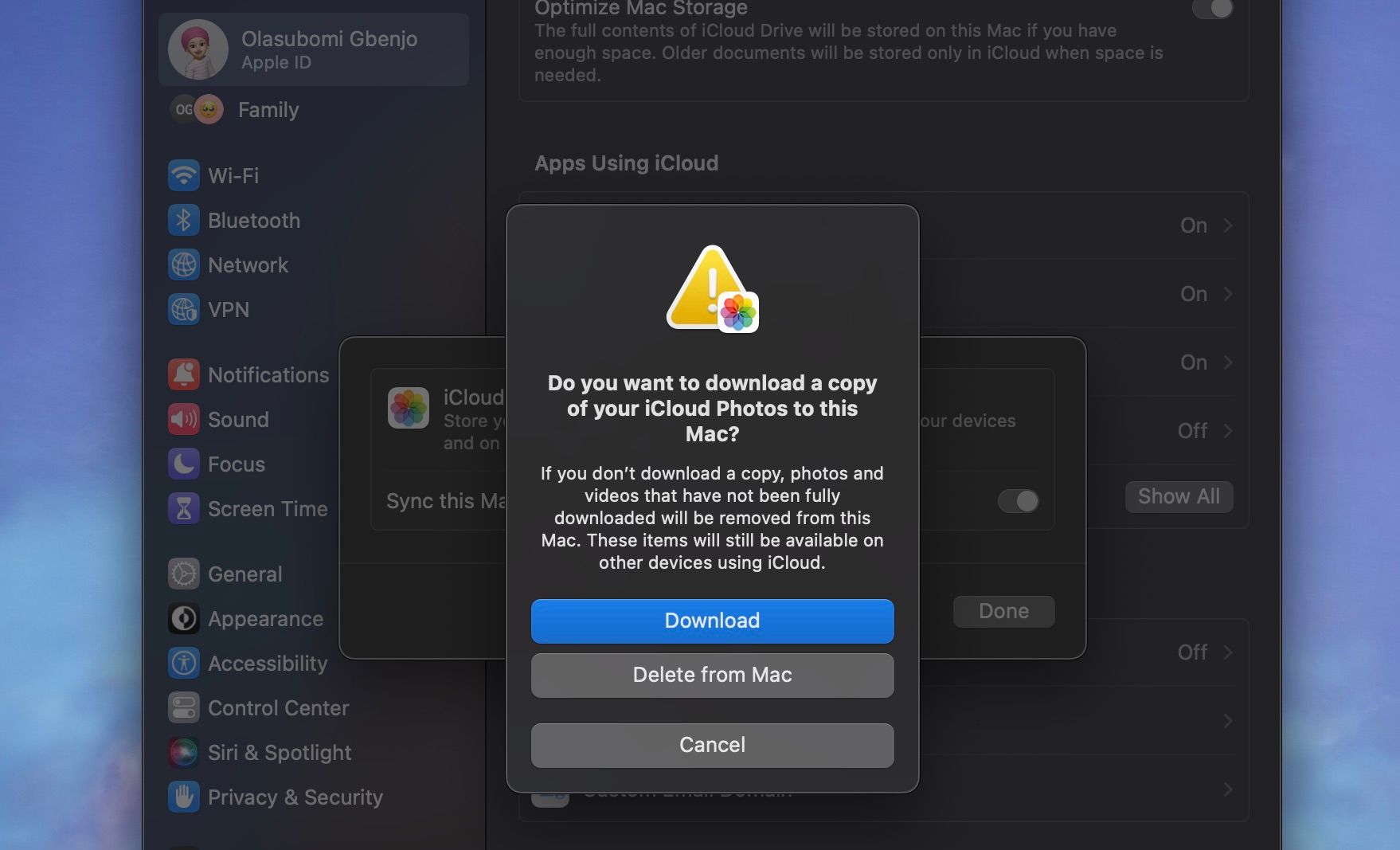 iCloud Photos settings in macOS
