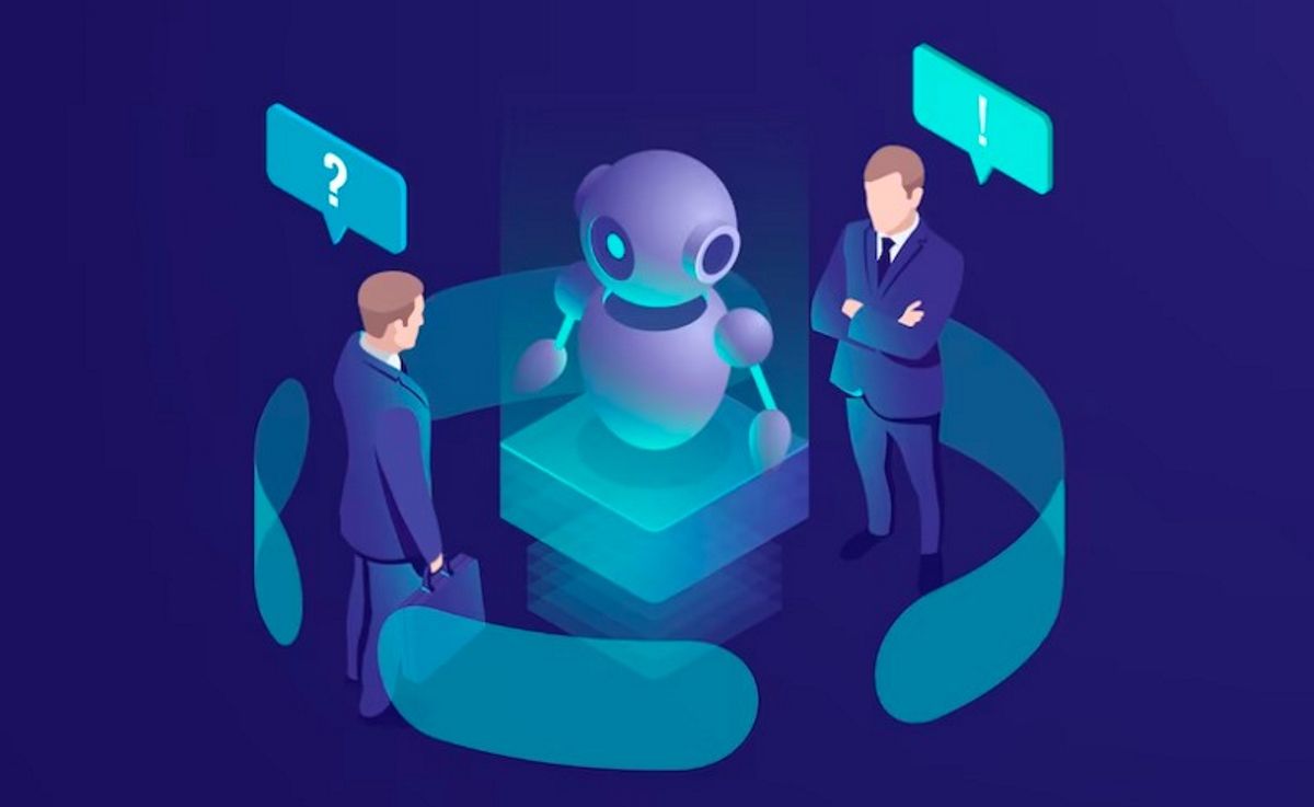 Illustration of an AI bot assisting negotiations between two individuals