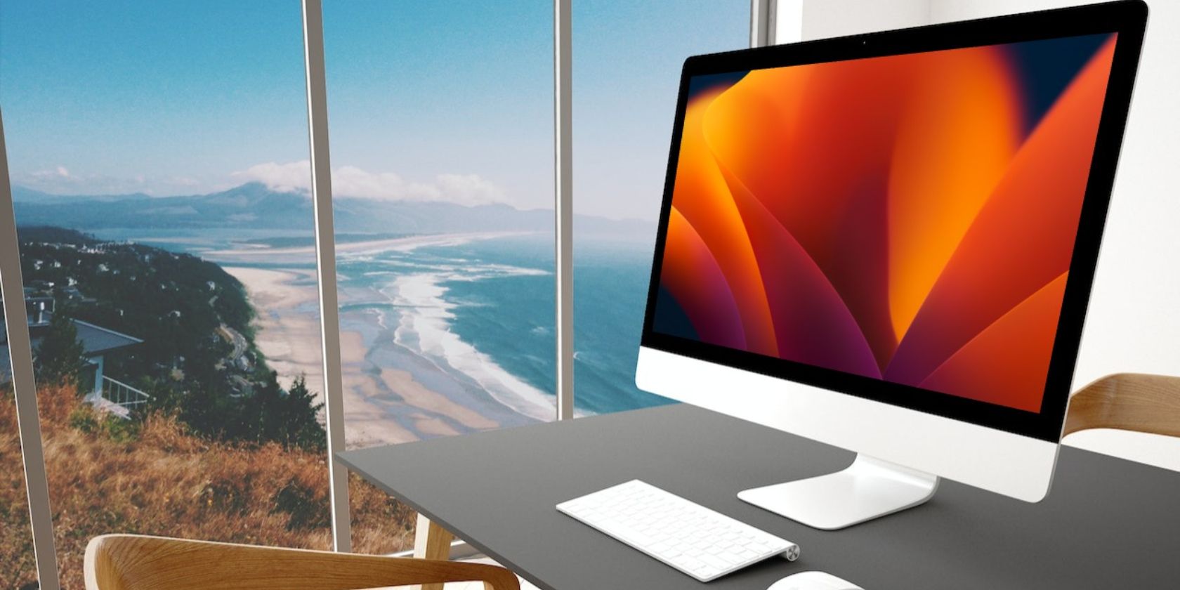 iMac on a table with a view of the beach