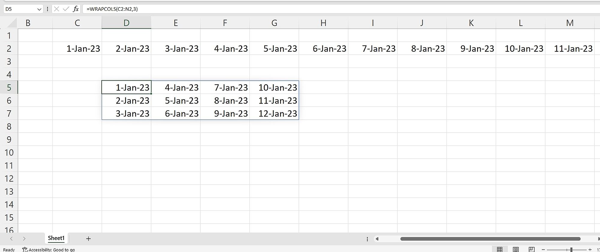 Spreadsheet yang menunjukkan fungsi WRAPCOLS sedang digunakan di Excel