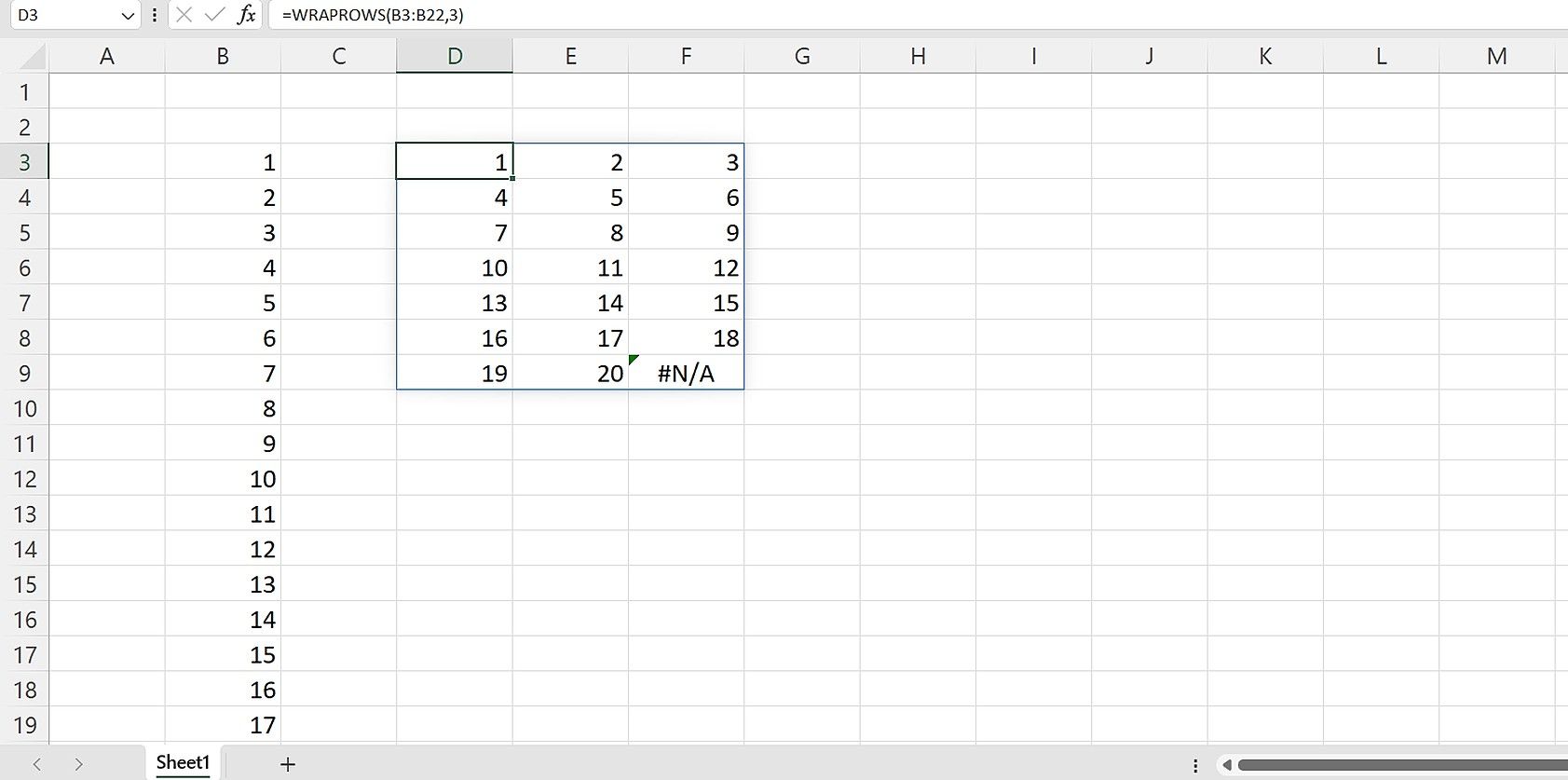 Kesalahan #N/A muncul di spreadsheet yang menunjukkan fungsi WRAPROWS sedang digunakan 