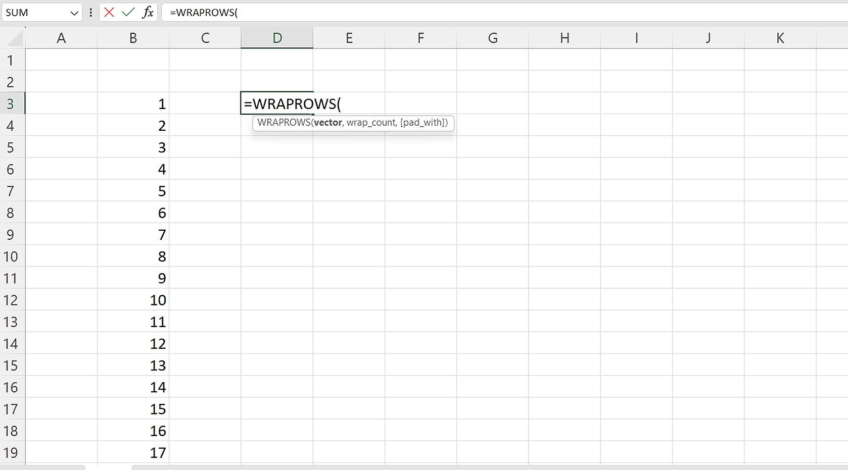 Spreadsheet yang menampilkan fungsi WRAPROWS sedang digunakan